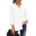 thumbnail image 1 of Camisa blanca con botones y mangas tres cuartos, talla M Blusa de mujer con escote en V y mangas abullonadas, 1 of 6