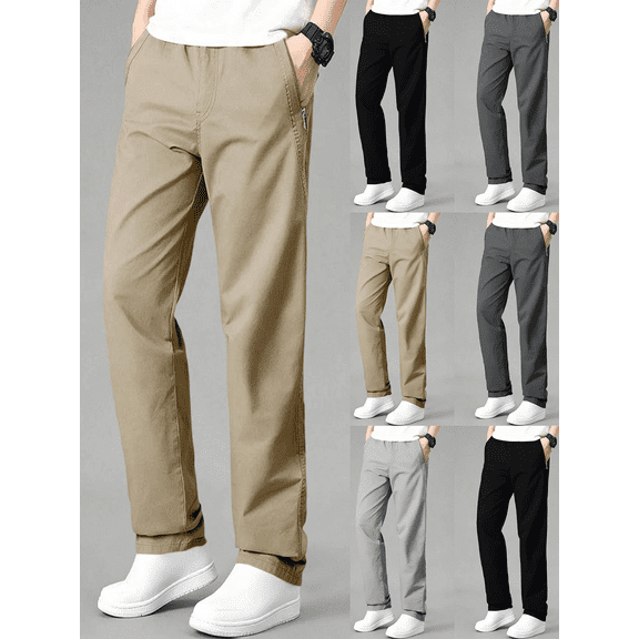 FEIIBMOYRIA Straight Leg Pants for Men Zipper Side Pockets Elastic Waist Long Pants Solid Color Classic Casual Loose Fit Comfy Daily Work Outdoor Trousers