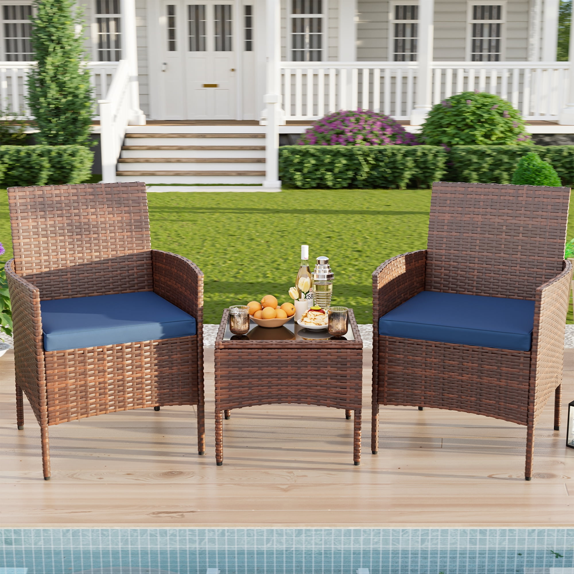 MRUAKA Patio Furniture Set 3 Pieces Porch Furniture Outdoor Wicker Patio Conversation Furniture Set for Backyard,Porch,Garden,Poolside and Balcony(Blue)