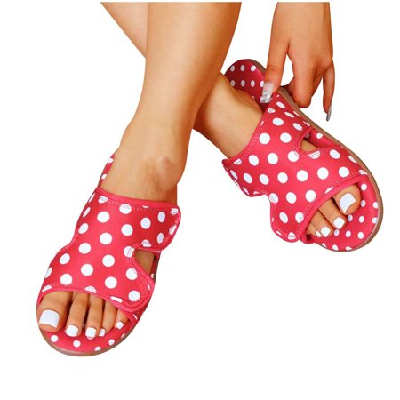 

PANOEGSN Footwear Ladies Velcro One-line Wave Point Open Toe Beach Outer Wear Sandals Red Yellow Summer Shoes