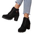 thumbnail image 4 of FRSASU Women's Lace‑Up Buckle Strap Block Heel Ankle Booties, Side Zipper Scalloped Lug Sole Faux Leather Short Boots Black, 4 of 9