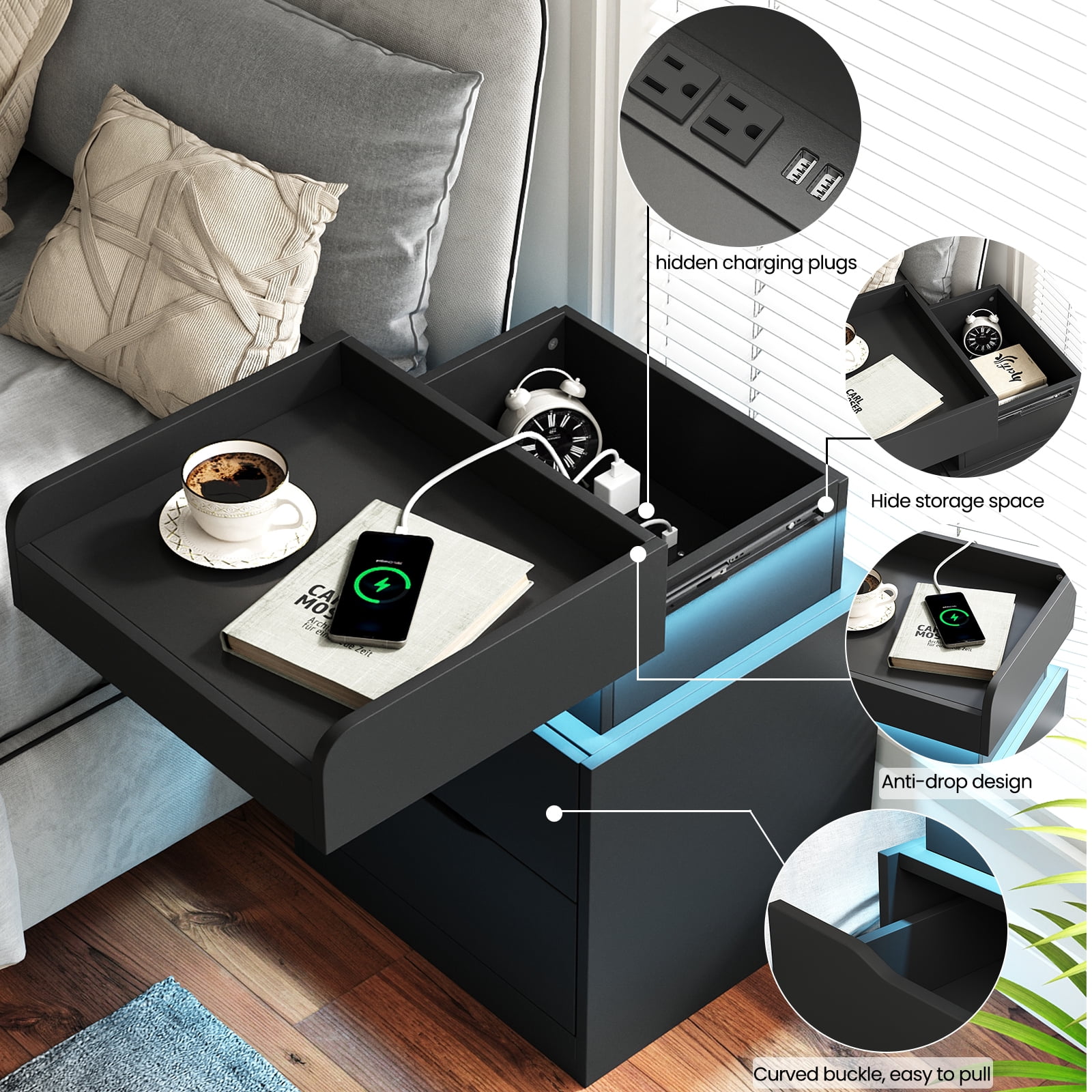 IDEALSOUL Black Nightstand Set of 2 with Charging Station, LED Nightstand with 3 Hidden Drawer, Modern Bedside Table End Side Table Nightstands for Bedroom Living Room