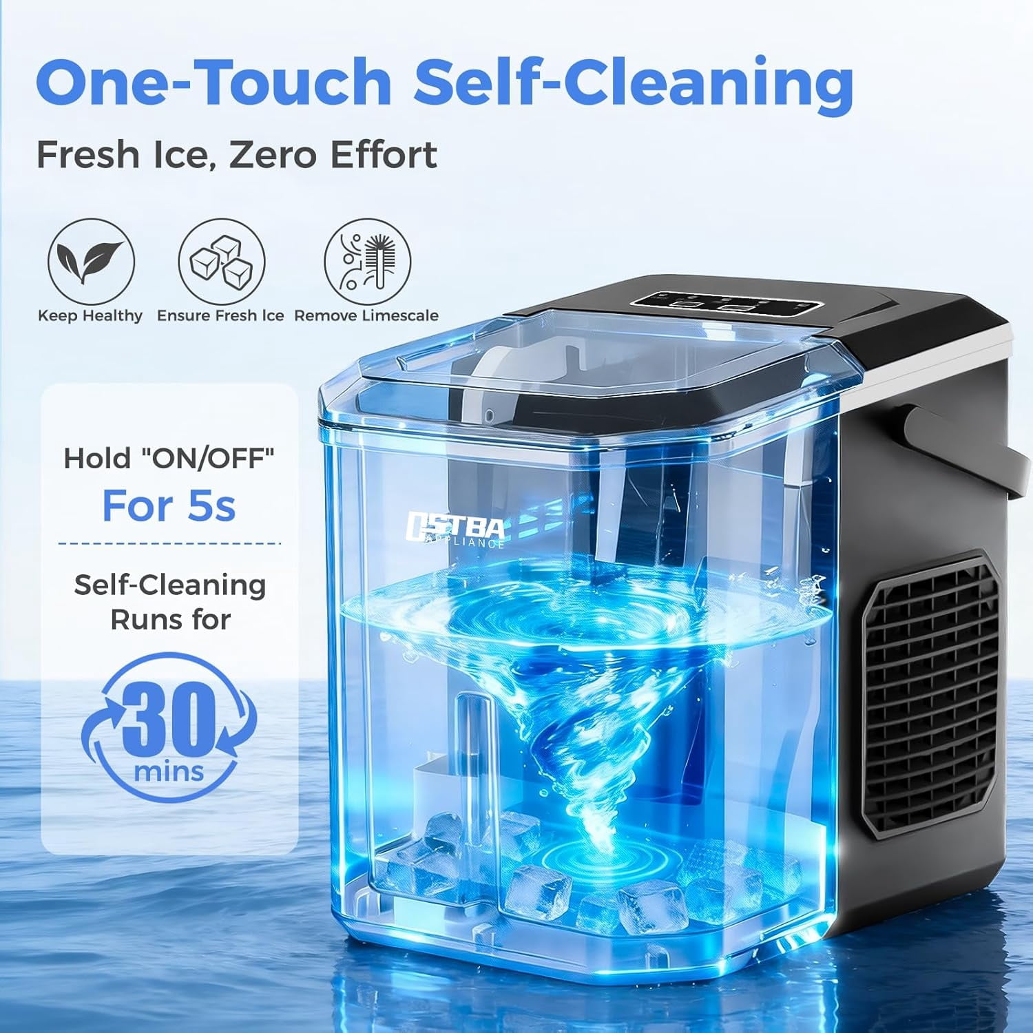 OSTBA Fast Ice Countertop Ice Maker with Dual Size Bullet Ice, 9 Cubes in 6 Minutes, 26 lbs per Day, Self-Cleaning Portable Ice Machine with Carry Handle for Home, RV & Party