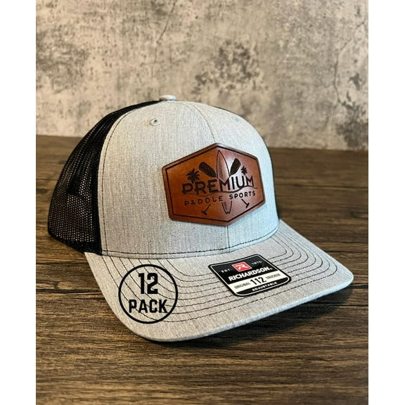 12 Custom Richardson 112 Trucker Hats: Laser Engraved Leather Patch Logo