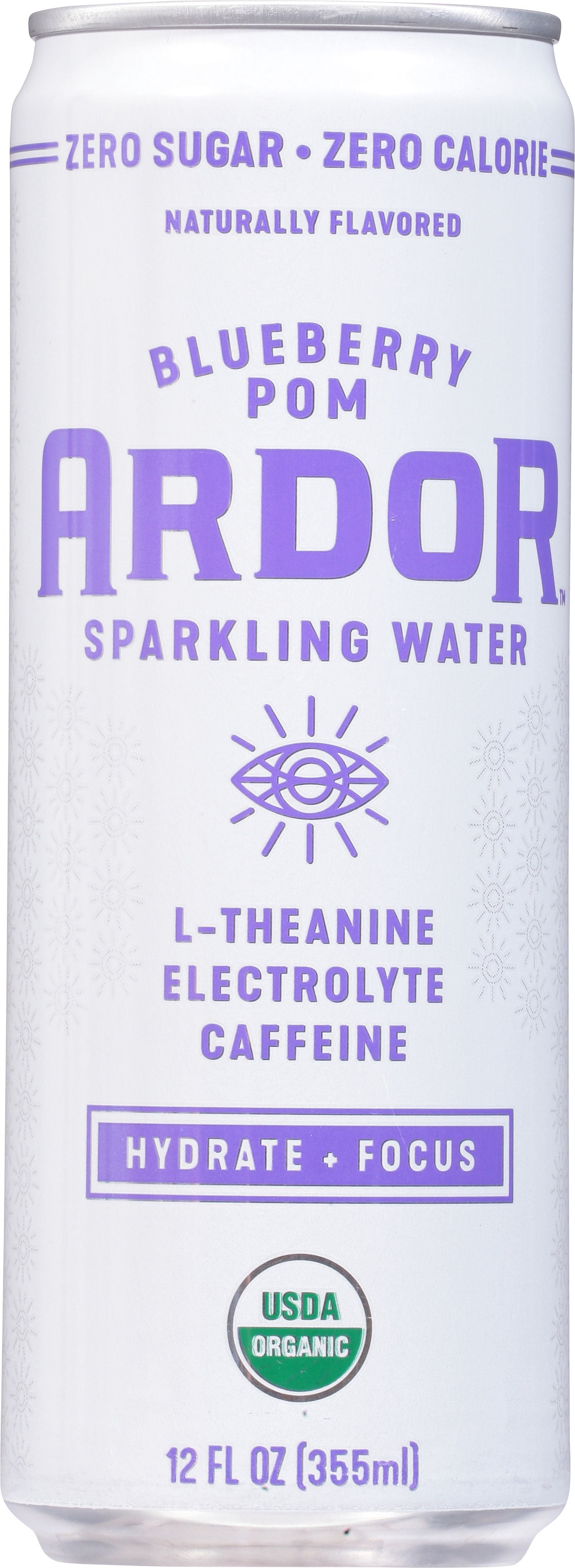 ARDOR ENERGY Sparkling Water with 100mg Caffeine & 200mg L-Theanine from Organic Green Tea for Smooth Energy & Focus | No Sugar, 0 Calories | Vegan, Gluten-Free | Blueberry Pom, 12ct