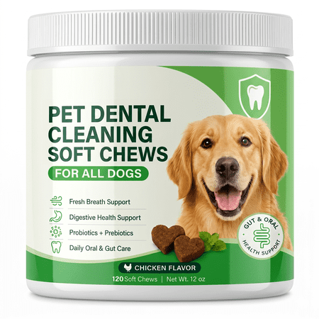 Dog Teeth Cleaning Chews, Dog Breath Treats, Dog Breath Freshener, Gentle Dog Teeth Cleaning & Fresh Breath, Natural Probiotic Soft Treats for Daily Oral Health in All Breeds, 120 Chews