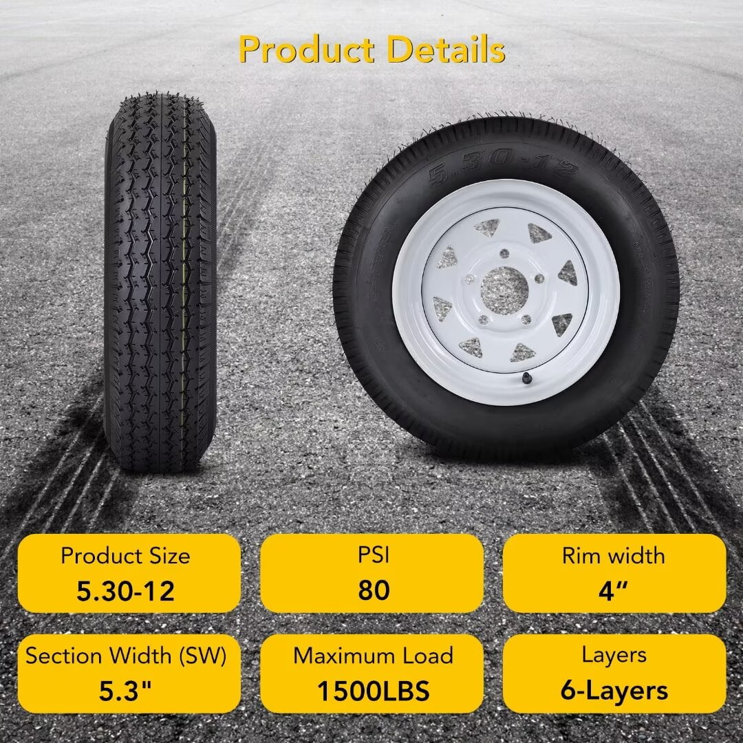 2 Pack 5.30-12 5.30x12 530-12 5.30-12 Trailer Tires with 12" Rims, 5 Lug on 4.5", Load Range C, 6PR