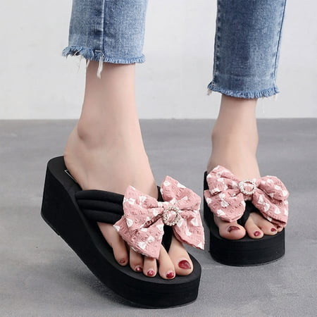 

STEADY Summer Fashion Rhinestone Ladies Holiday Rubber Sole Beach Wedge Flip Flops Pink / 41