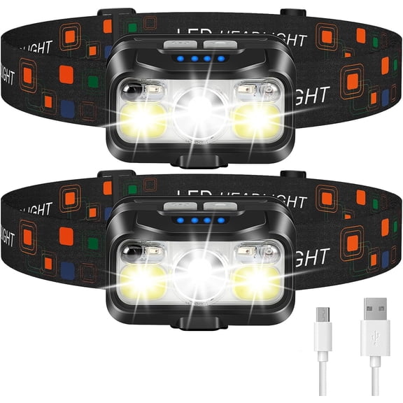 Headlamp Flashlight, OEIKPFN  2-Pack Lumen Ultra-Light Bright LED Rechargeable Headlight with Waterproof Motion Sensor for Outdoor Camping Running Hiking Fishing