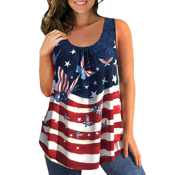 Enwejyy Womens Summer Independence Day Sleeveless Round Neck Butterfly Print Camisole Tank Plus Size