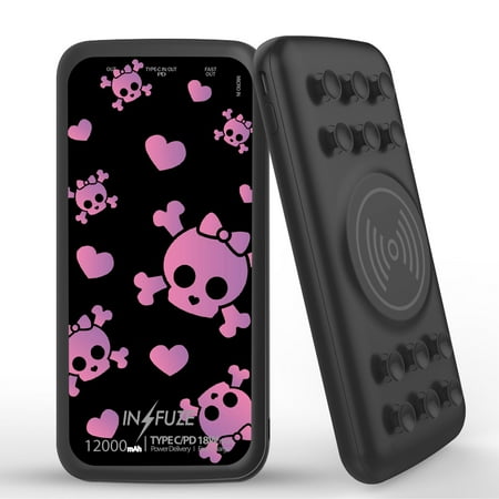 

INFUZE Qi Wireless Portable Charger for Samsung Galaxy A32 5G External Battery (12000 mAh 18W Power Delivery USB-C/USB-A 3.0 Ports Suction Cups) with Touch Tool - Pink Skulls
