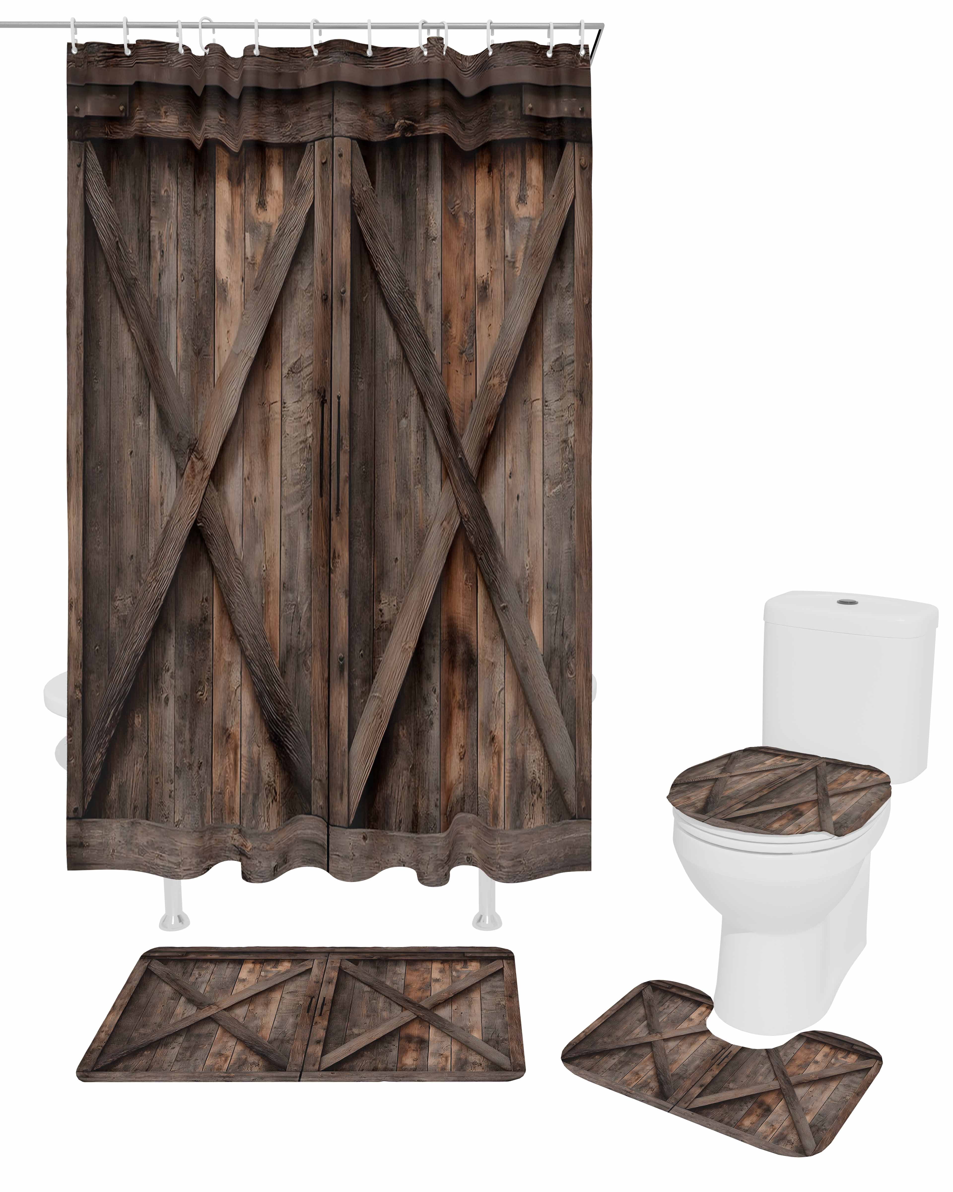 Farmhouse 4PCS Shower Curtains Set with Toilet Lid Cover Non-Slip Rugs, Brown Country Style Barn Door Distressed Wood Grain Waterproof Shower Curtain Set for Bathroom with 9 Hooks 36x72 In