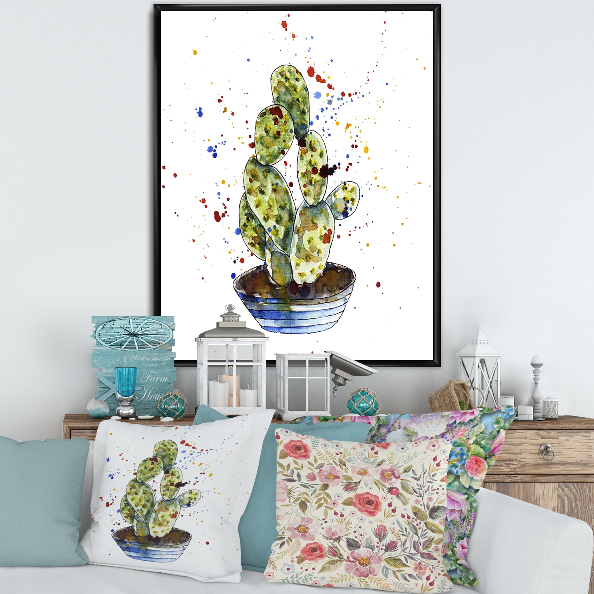 Designart 'Abstract Cactus Houseplant' Traditional Framed Canvas Wall Art Print