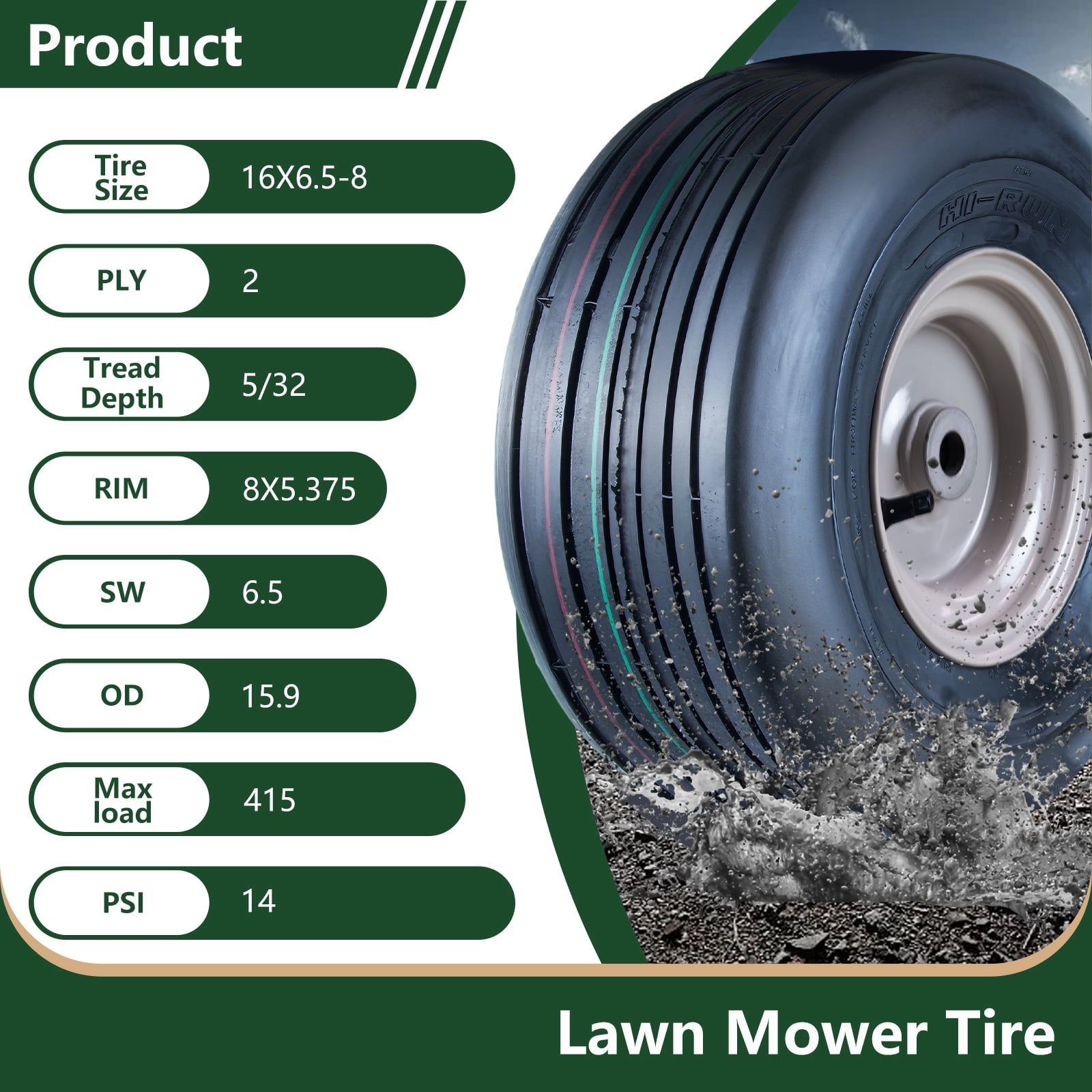 Hi-Run 2 Set SU08 16X6.50-8 2PR Lawn & Garden Tires and Wheel Assembly on 8X5.375 White Wheel with 3/4" Bushing