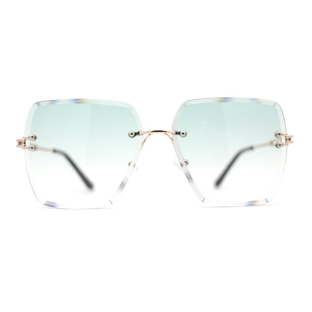 Womens Rimless Luxury Fashion Bevel Edge Rectangle Sunglasses Gold Green