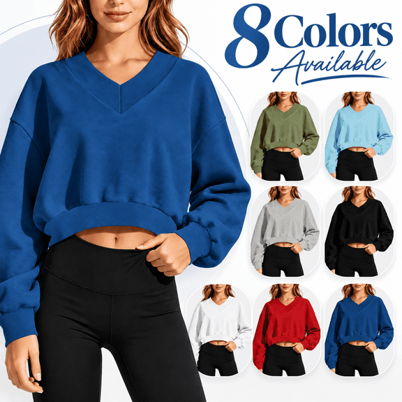 Women's V-Neck Cropped Sweatshirt, Pullover Long Sleeve Sports Training Tops, Fall Outdoor Loose Fits Tops