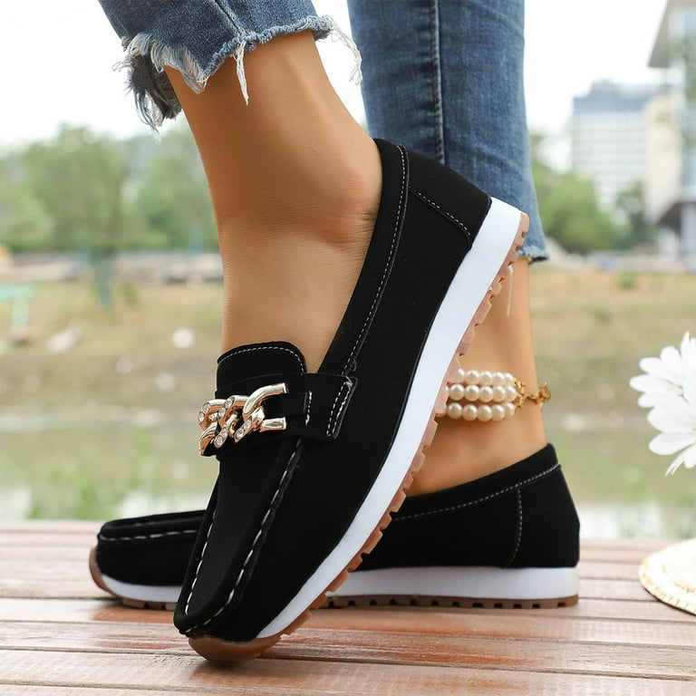 Eltusu Women Loafer Flat Shoes, Breathable No Slip Workwear Round Toe Dress Shoes Black Size 9