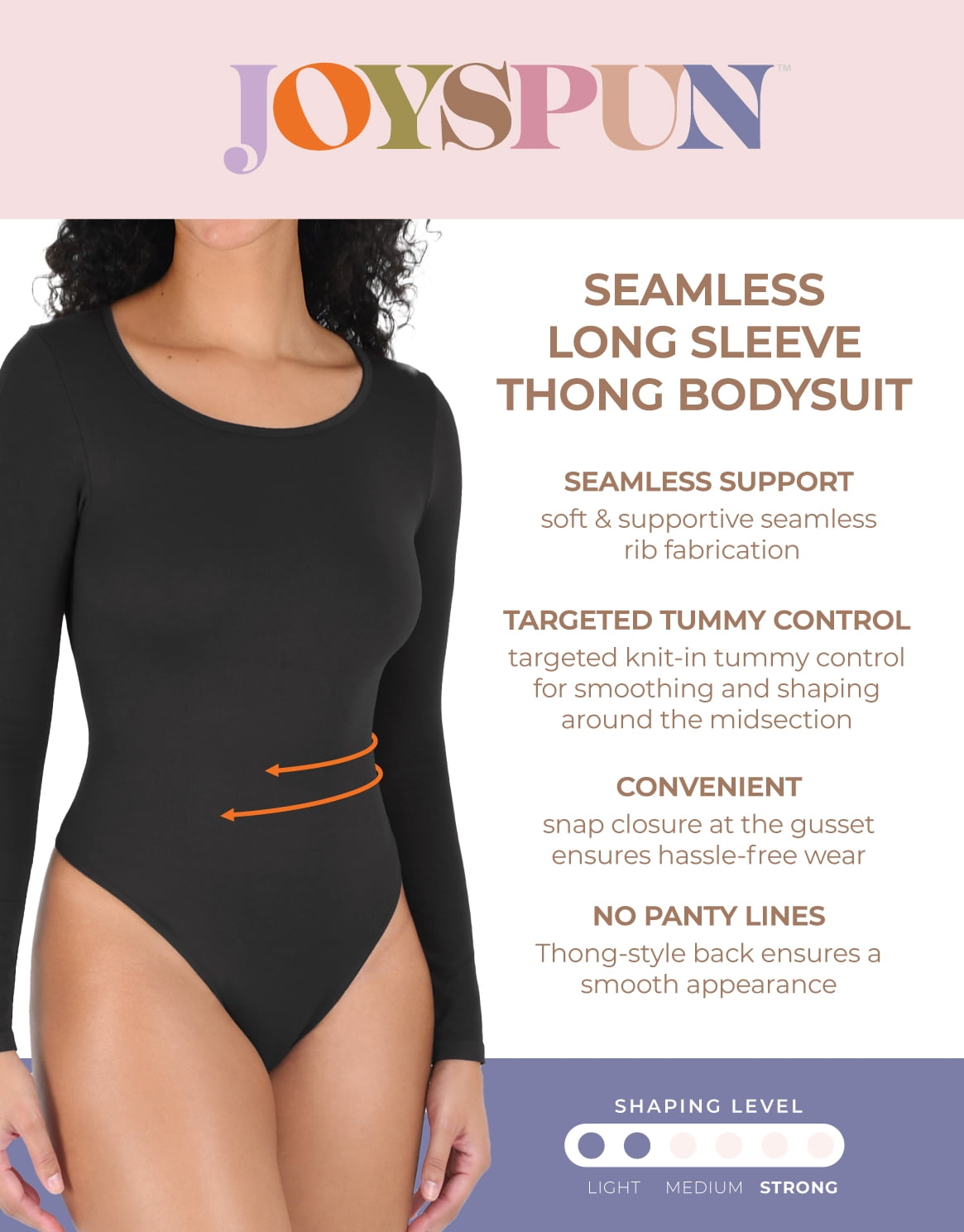 Joyspun Women's Seamless Scoop Neck Thong Bodysuit with Long Sleeves, Sizes XS-XXXL