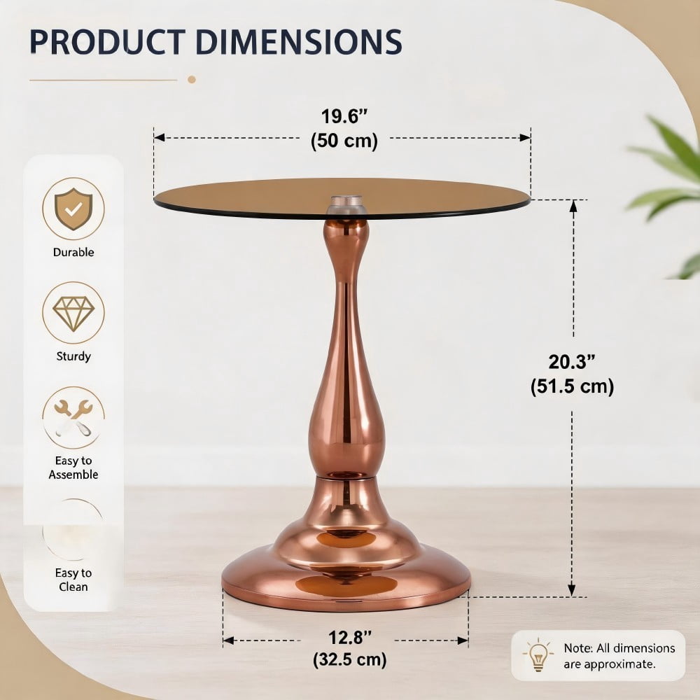 19.6" Round Side Table, Amber Tempered Glass Top with Rose Gold Metal Base, Modern End Table, Nightstand, Sofa Table for Living Room Bedroom