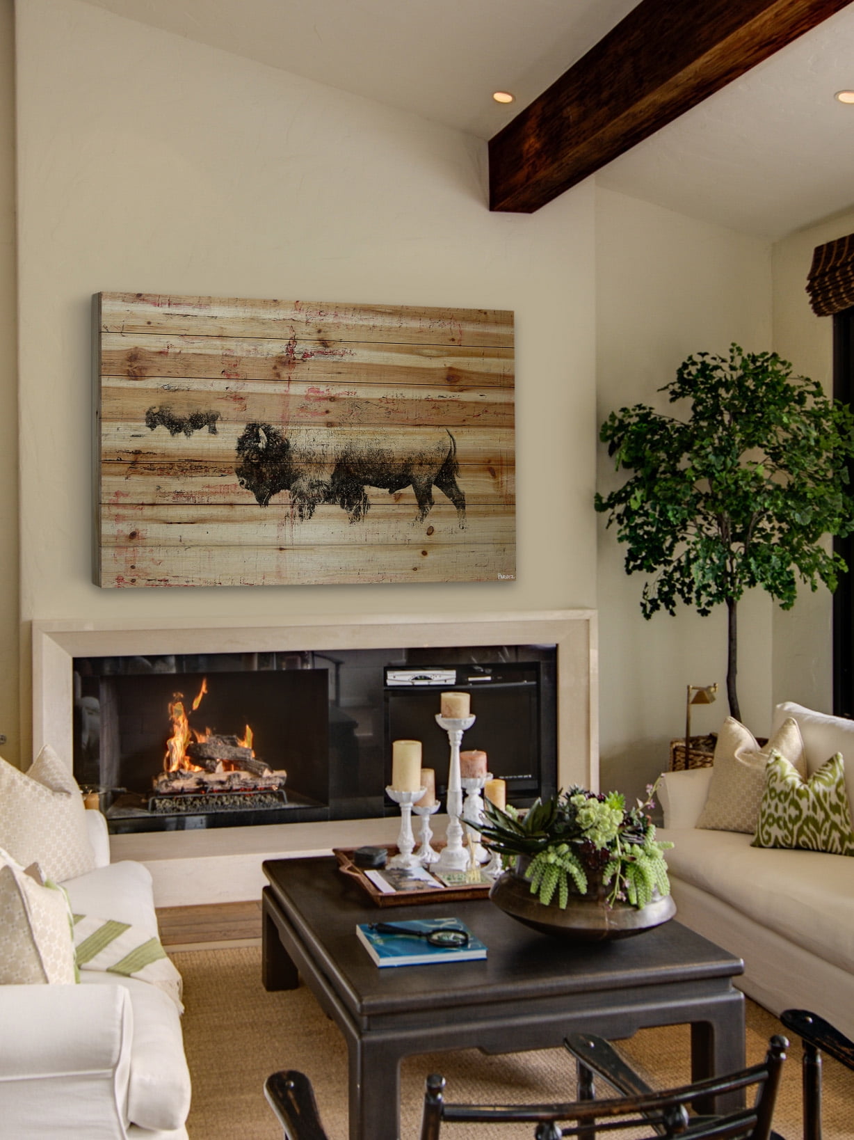 "Buffalo Walking" Painting Print on Natural Pine Wood