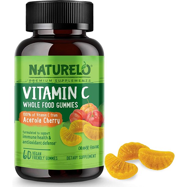 NATURELO Vitamin C Gummies, Whole Food Acerola Cherry, 60 Vegan Gummies