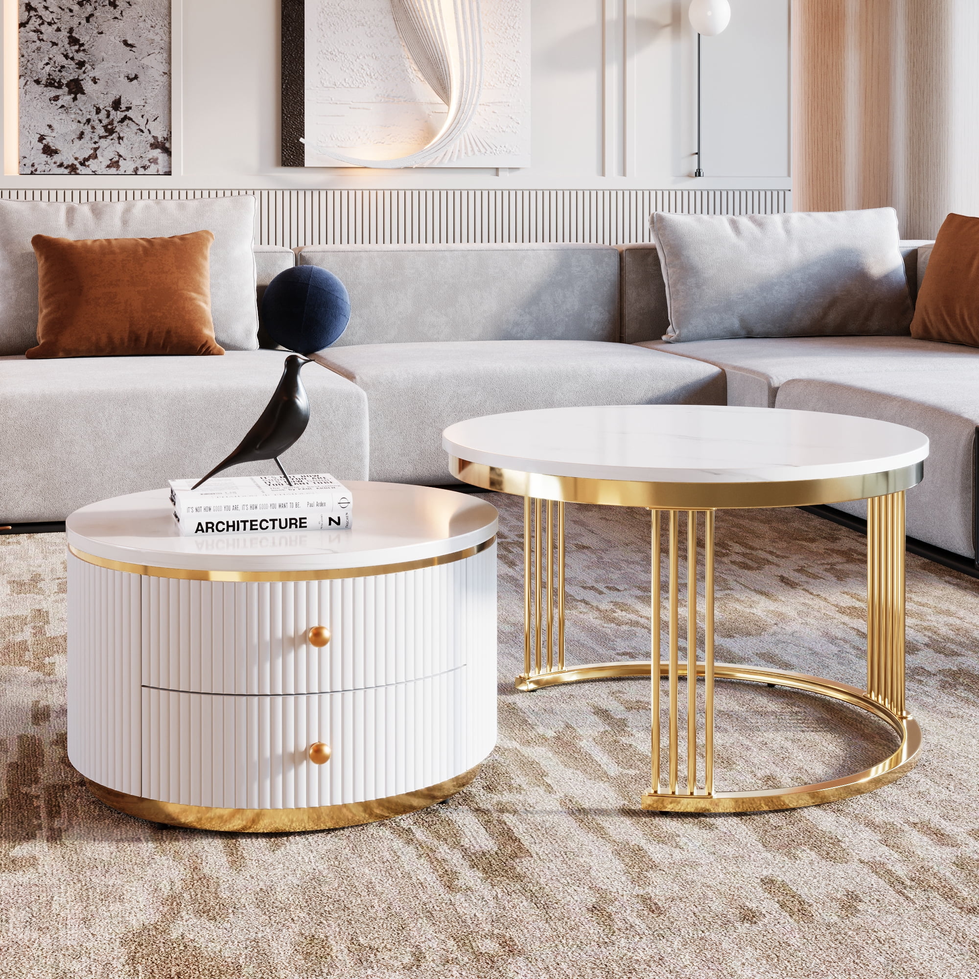Euroco Modern 2 Pieces White Round Nesting Coffee Table with Drawers in 27.6''