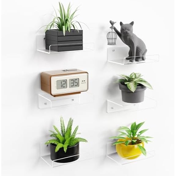 6 Pack 6'' x 6'' Acrylic Small Shelves, Floating Shelves for Wall, Display Shelf Organizer for Plants, Speaker, Radio, Toys, Clear