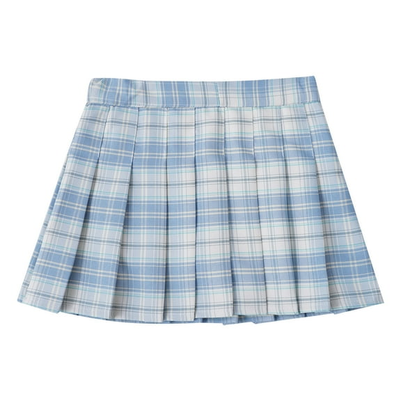 YUUMIN Girls Pleated Skirt Elastic Waist Plaid A-line Skirts with Lining Shorts School Uniform Sky Blue 160/L