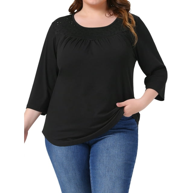 Blusas de Pascua de Talla Grande para Mujeres Agnes Orinda, Blusa de Encaje de Manga 3/4 para Mujeres Curvilíneas, Camiseta Casual Flowy 3X Negra