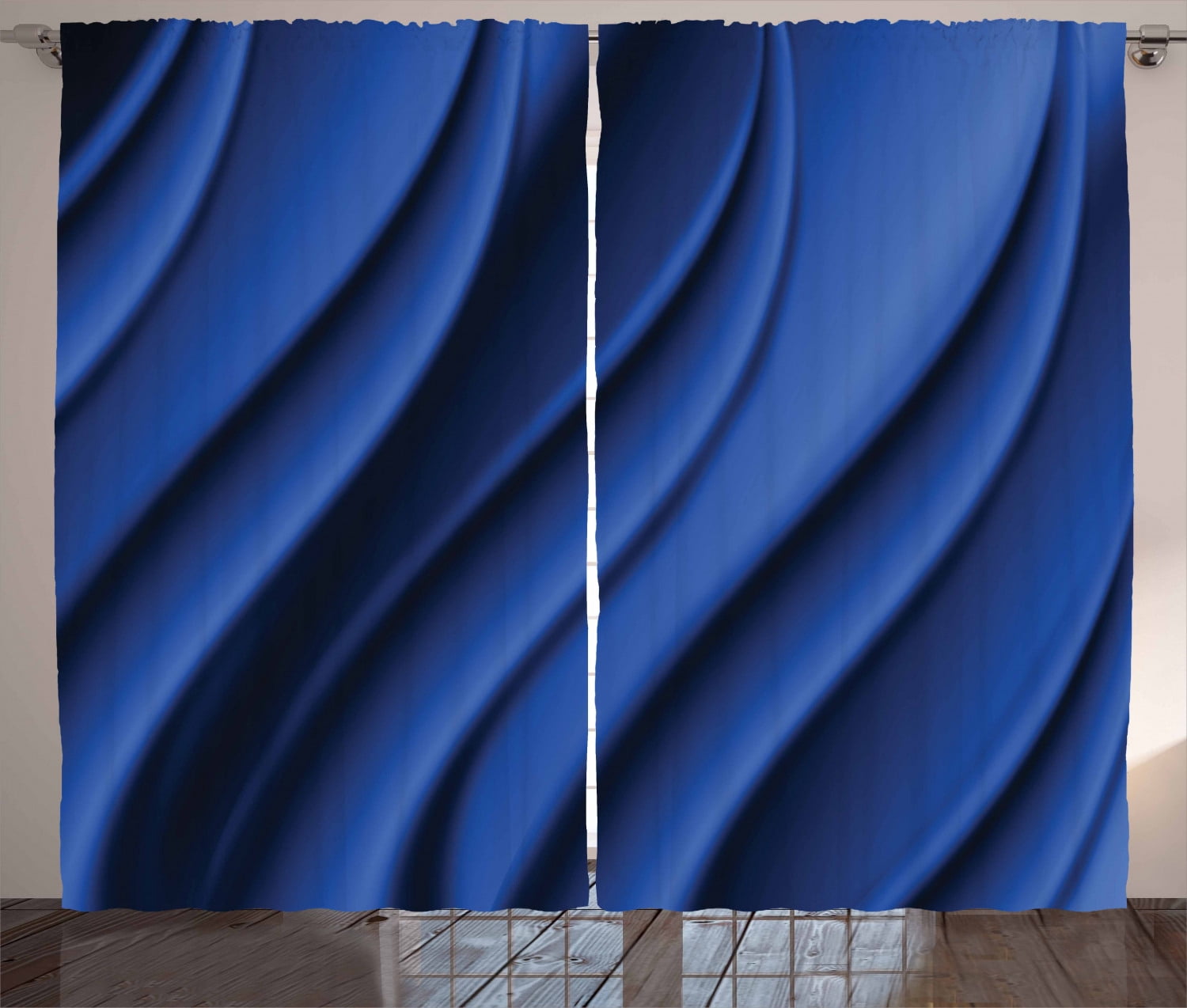 Navy Blue Decor Curtains 2 Panels Set, Ocean Wave Inspired Design with