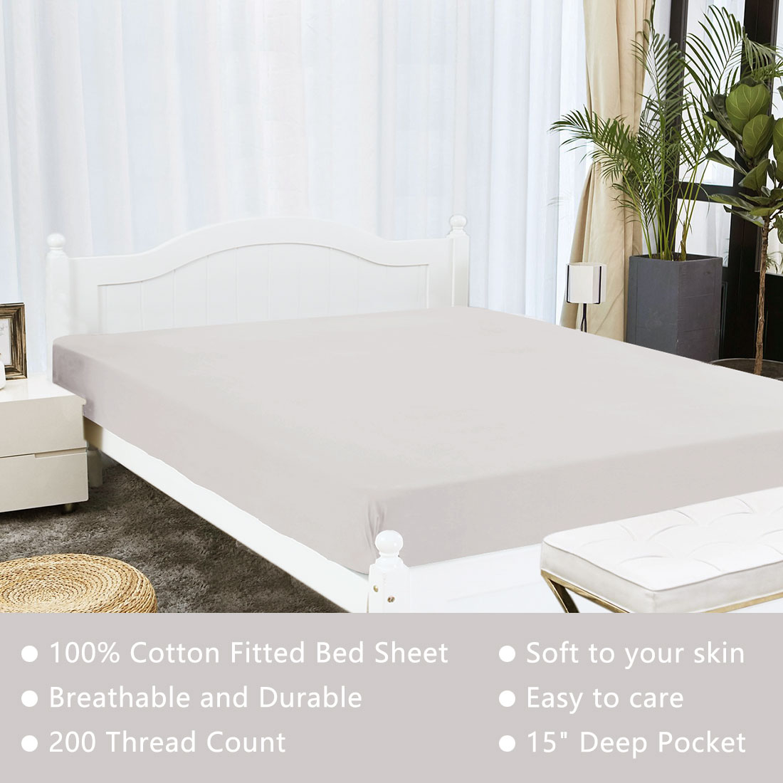 Unique Bargains 15" Deep Pocket Cotton Fitted Sheet Light Gray Queen