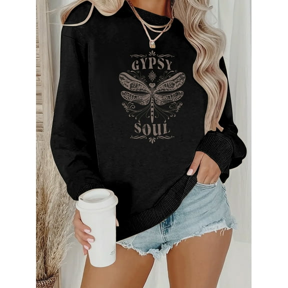 Cozy Women's Gypsy Soul Dragonfly Print Sweatshirt - Long Sleeve Round Neck All-Season Hoodie, Casual Crew Neck Knit Pullover
