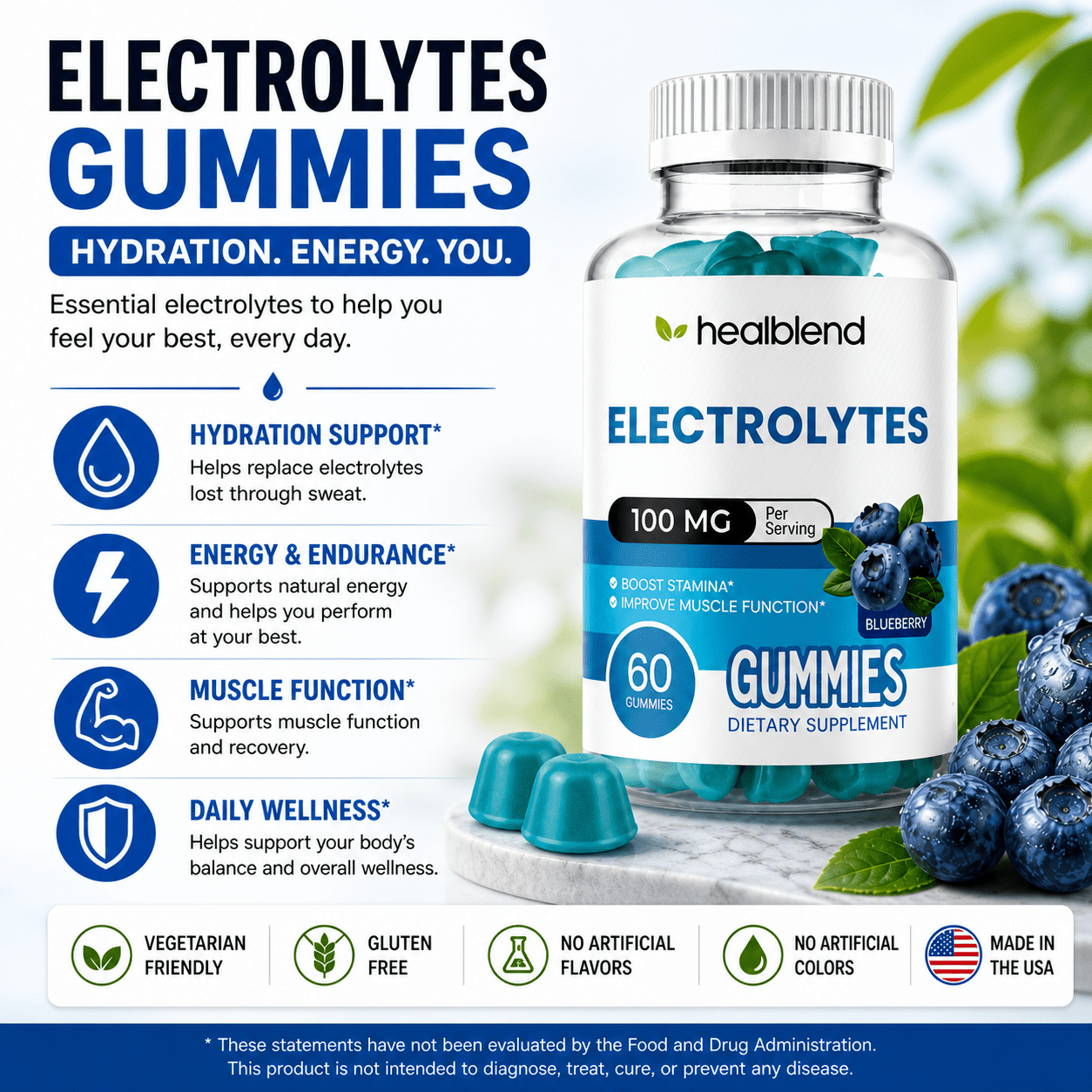 Healblend Electrolyte Gummies, Blueberry Flavor, Hydration Support for Stamina, Muscle Function & Recovery, 60 Count (2 Pack)