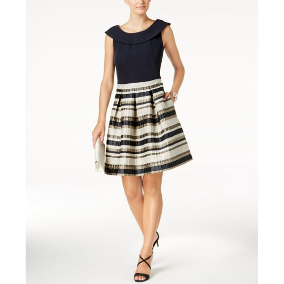 Taylor Striped & Solid Fit Flare Dress Womens 6 Blue dress MSRP $180