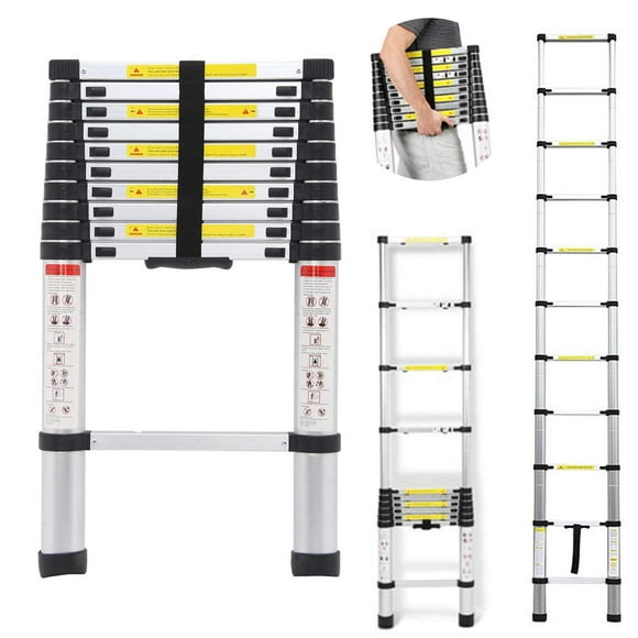 DICN 10.5 Feet Telescoping Ladder Extension Folding Aluminum Ladders Light Weight Retractable Collapsible 330lbs Capacity for Home Office Indoor Outdoor Loft Attic Roof Work DIY Builder