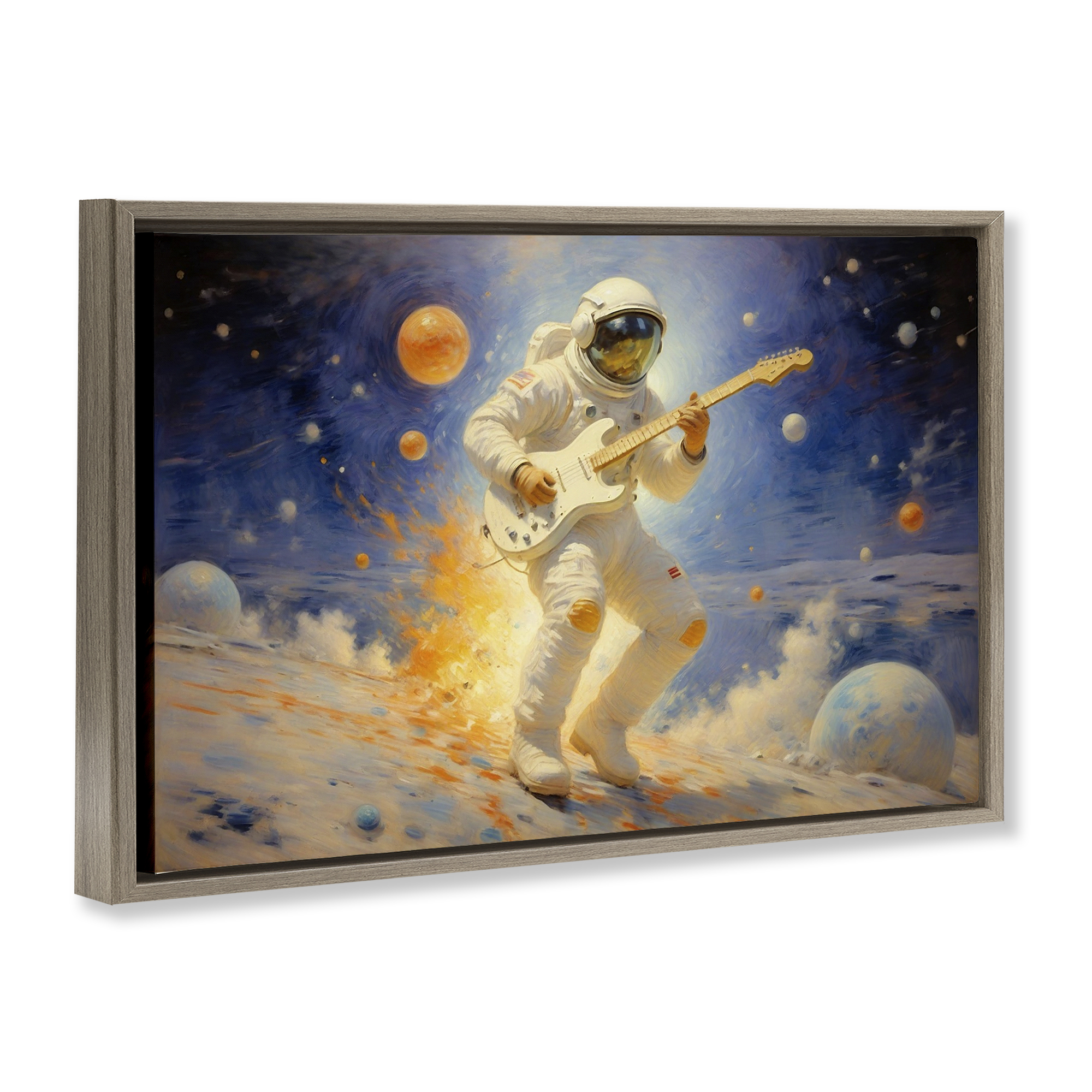 Space Astronaut Musician Brown Framed Floater Canvas Wall Art, design by Angie Hawke
