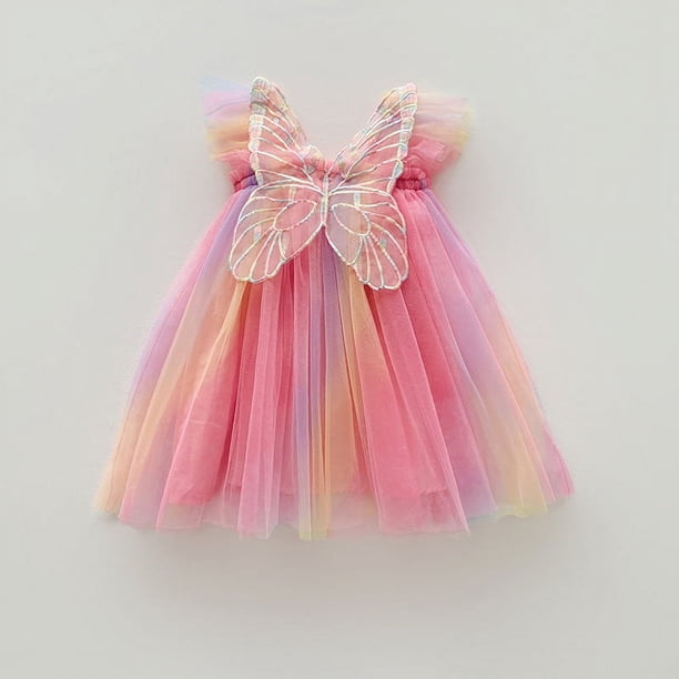Vestido de niña de malla con alas de arcoíris y mangas voladoras, vestido de princesa para bebé de verano, falda con entretela