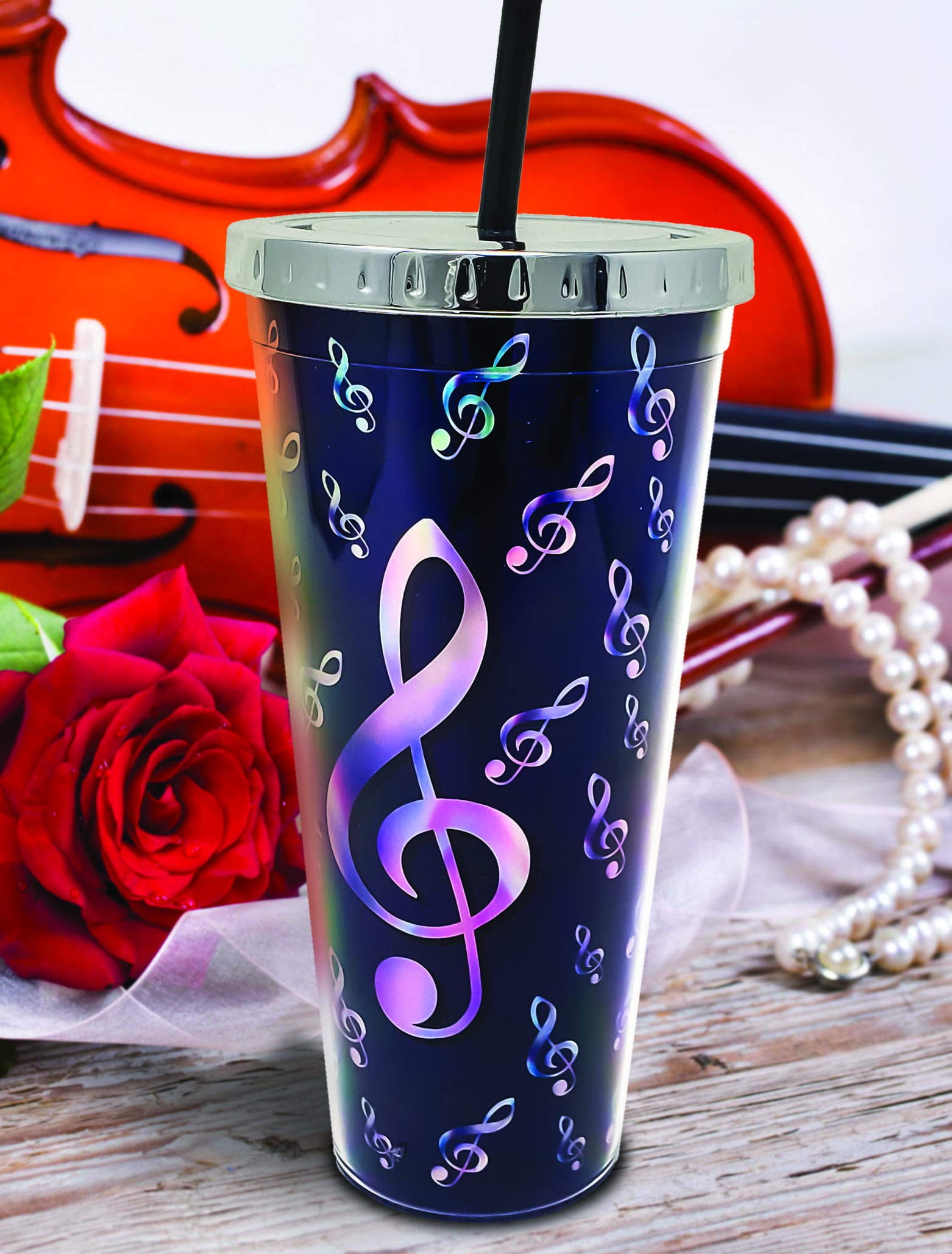 Spoontiques Music Foil Cup with Straw 20 ounces Black