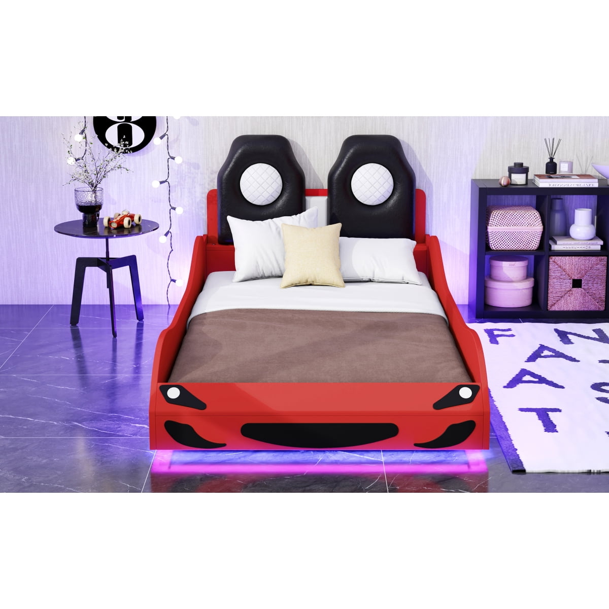 Wood Twin Size Race Car-Shaped Platform Bed with LED and Upholstered Backrest, Red