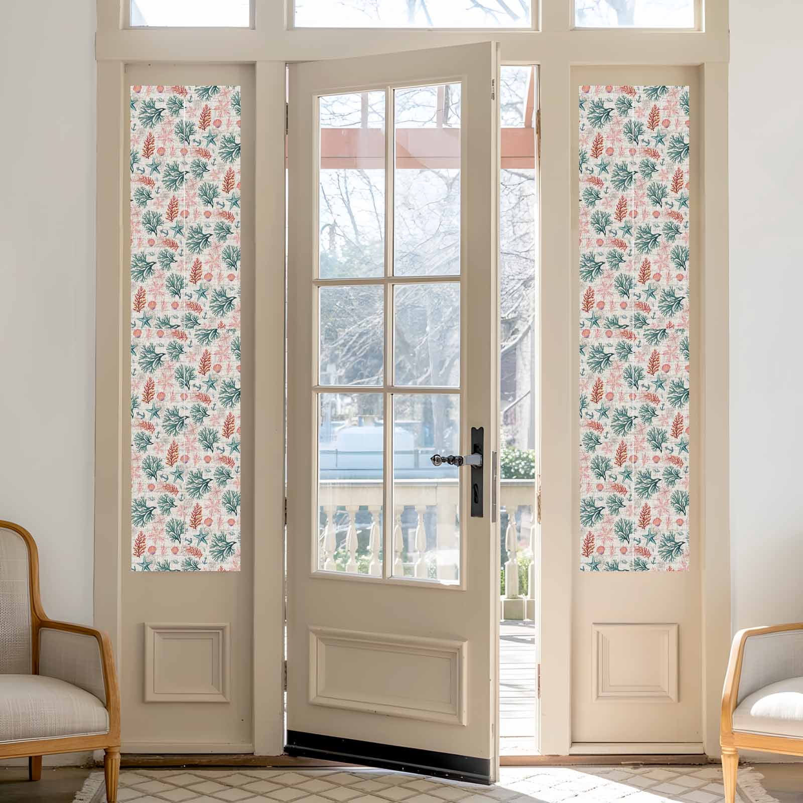 Coral Shell Window Privacy Film, Pink Green Red Coral Starfish Anchor Linen Texture Frosted Glass Window Clings Static Cling UV Heat Blocking Reusable Door Sticker for Bedroom 23.6x78.7 Inch
