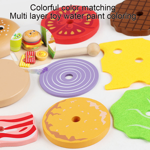 Kids Wooden Pretend Fast Food Playset with Buildable Burger, French Fries, Drinks and Assorted Simulation Snack Props, Restaurant Pretend Play House Toys, Chef Role Play Toy for Kids Ages 3 and Up