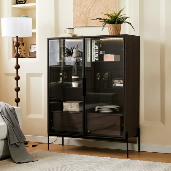 Led Lighted Curio Cabinet With Tempered. Modern For Study. Metal Legs, Construction. 4 Adjustable Shelves, 2 Storage Drawers, Black   Dark Walnut Showcase Tempered Glass. Minimalist Home. Material.