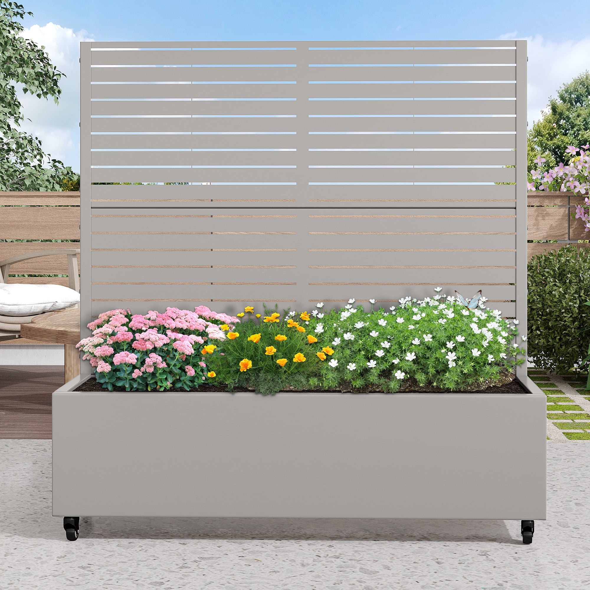 MAYEERTY 47.2"×47.2"×15.7" Gray Iron Planter Box with Trellis - Louvered Design, Perfect for Patio Greenery