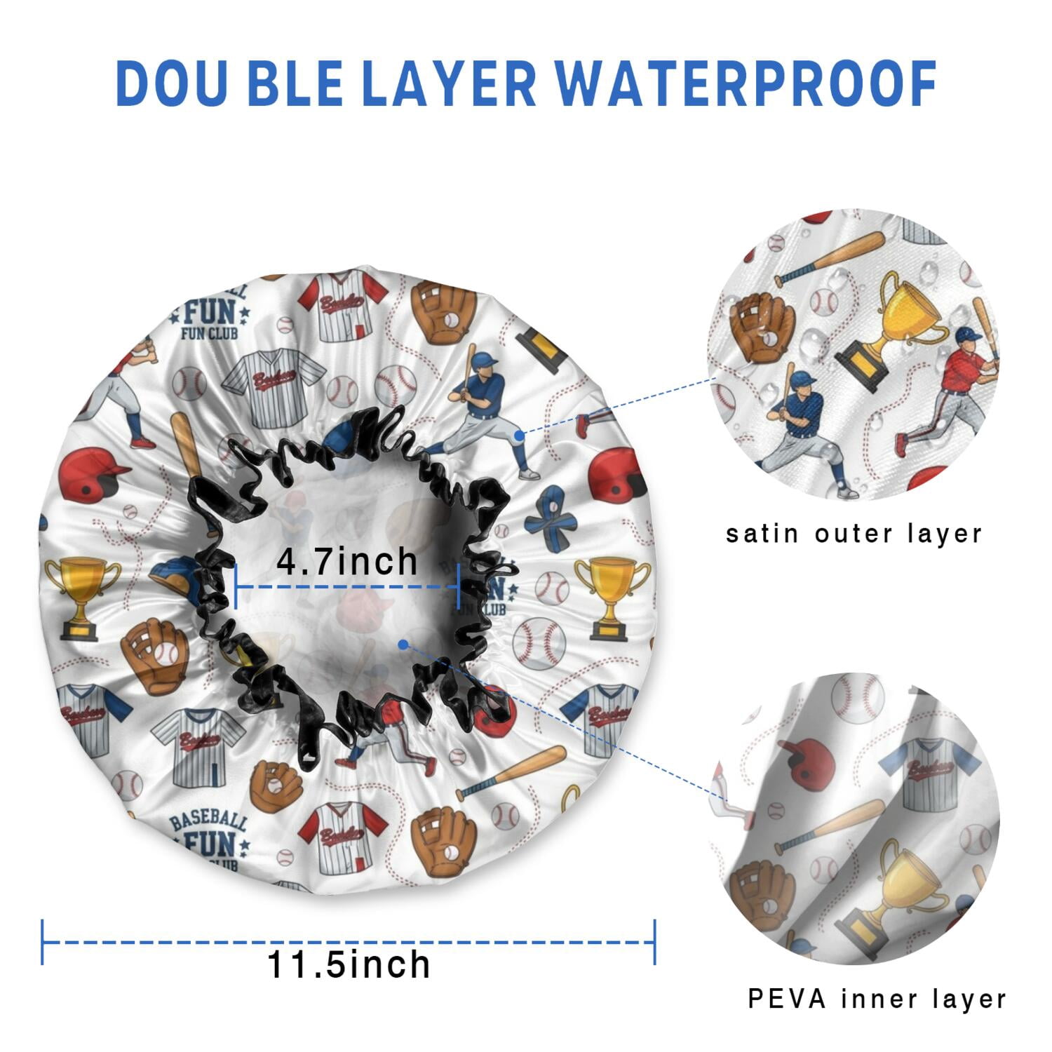 Shower Caps,White Baseball Elements Pattern Waterproof Shower Cap for Women 4 Pieces,Double Reusable Hair Cover for Shower PEVA Elastic Stretch Hem