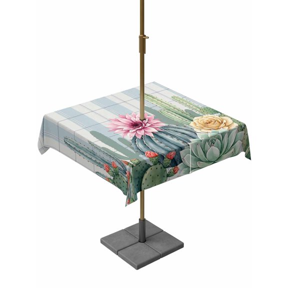 Square Outdoor Tablecloth with Umbrella Hole Blue Green Cactus Outside Table Cloth Waterproof Patio Table Cover Tropical Summer Botanical Floral Zipper Tablecloths for Picnic Party Camping 54x54 Inch