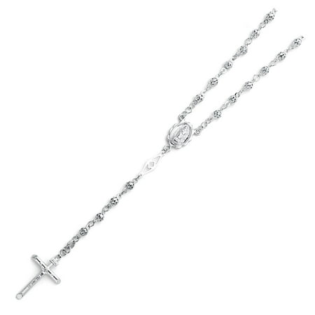 Real 14K Solid White Gold 4mm Ball Virgin Guadalupe Rosary Necklace Cross Crucifix Jesus Rosario Mother Mary (Best Of Jesus And Mary Chain)