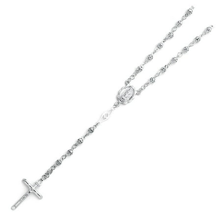 14k Rosary Crucifix - Real 14K Solid White Gold 4mm Ball Virgin Guadalupe Rosary Necklace Cross Crucifix Jesus Rosario Mother Mary 24