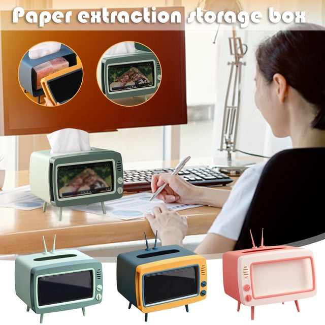 mfyjkho Caja de pañuelos estilo TV retro con soporte para teléfono, organizador multifuncional para baño, oficina o coche, verde, azul o rosa, paquete de 1
