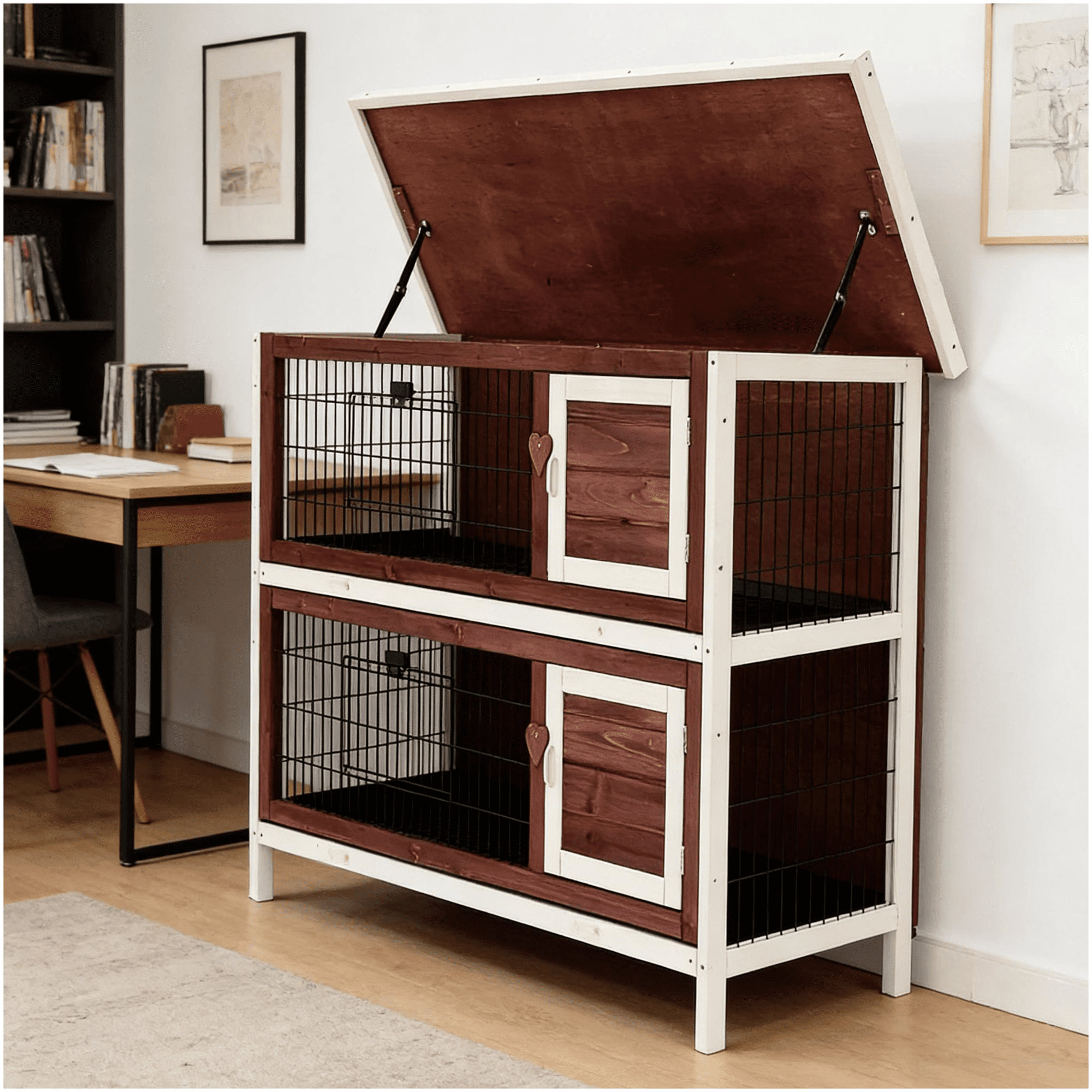 Elevated 2-Tier Rabbit Hutch with Sliding Trays, Space-Saving Wooden Bunny Cage for Indoor Outdoor Small Pet Rest and Play, Brown and White