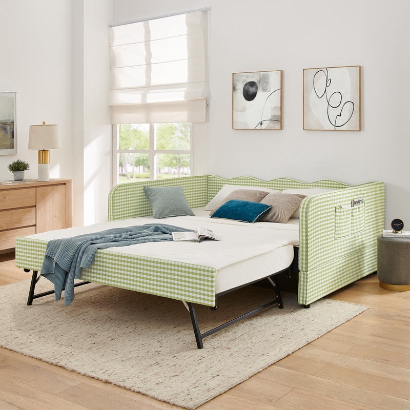 Full Size Daybed with Pop Up Trundle, Gingham Twin to King Daybed with Side Storage Pockets, Upholstered Sofa Bed Frame for Living Room Bedroom, No Box Spring Needed